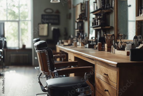 Vintage Barbershop Interior with Classic Chairs and Wooden Counters 