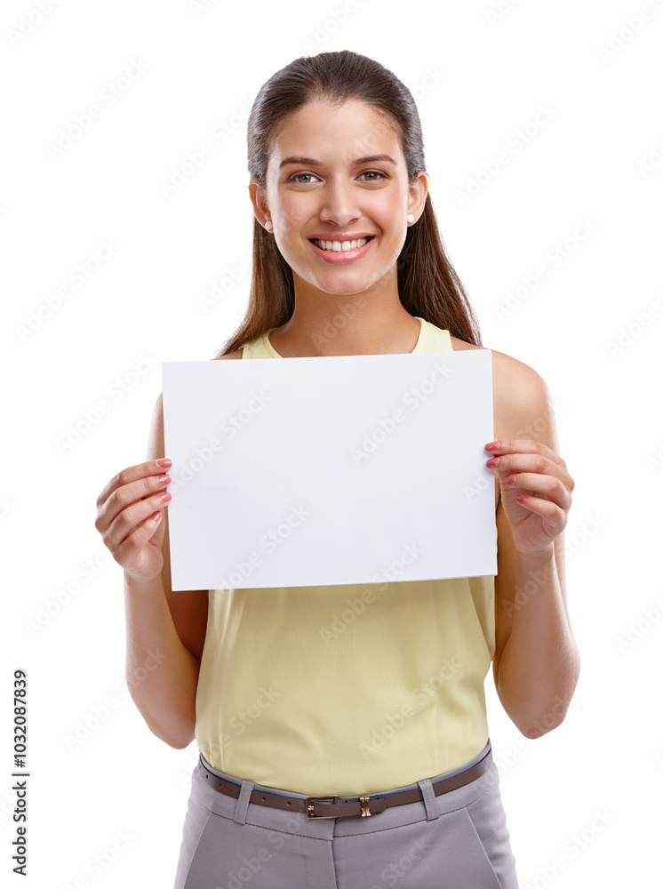 Happy woman, portrait or poster with billboard for advertising, presentation or marketing on a white studio background. Young, female person or model with smile for sign, notification or mockup space Happy woman, portrait or poster with billboard for advertising, presentation or marketing on a white studio background. Young, female person or model with smile for sign, notification or mockup space