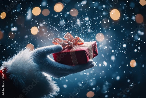 Illuminated gift in mittened hand of Santa's cheer. photo