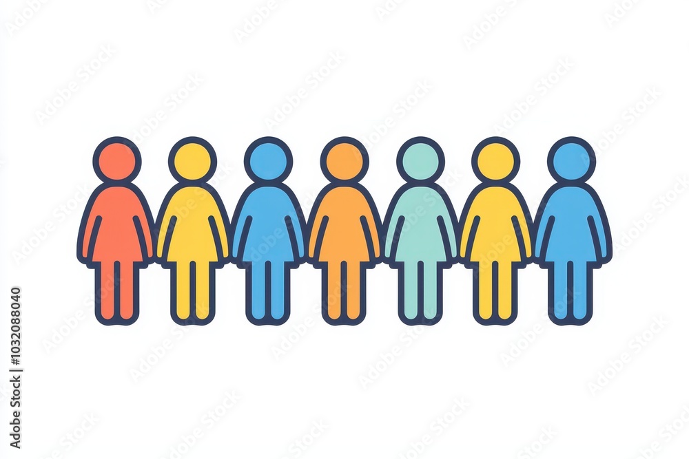 Colorful icon depicting a group of people standing in a line, symbolizing teamwork, collaboration, and focus groups. Ideal for concepts of human resources, community, and customer engagement. Colorful icon depicting a group of people standing in a line, symbolizing teamwork, collaboration, and focus groups. Ideal for concepts of human resources, community, and customer engagement.