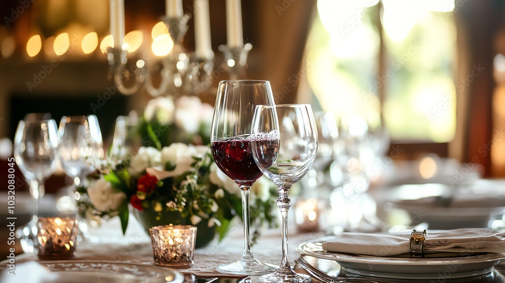 A table is set with wine glasses and a plate with a napkin, lit by candlelight in a restaurant setting. A table is set with wine glasses and a plate with a napkin, lit by candlelight in a restaurant setting.