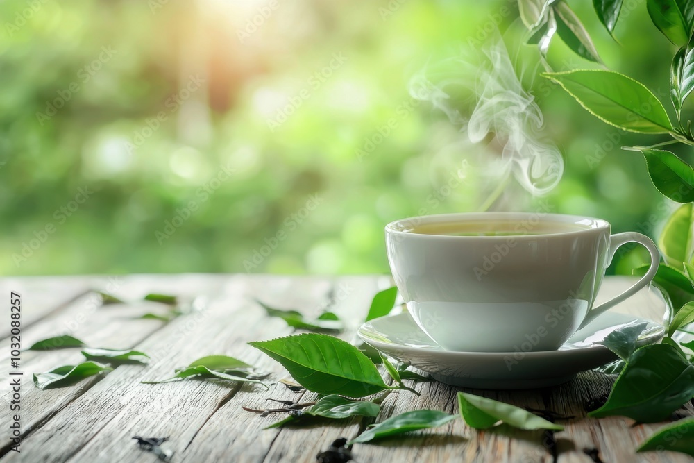 A serene cup of steaming green tea, placed on a wooden table, surrounded by scattered tea leaves. Blank space for commercial text. Perfect for health and wellness ads or natural product promotions. A serene cup of steaming green tea, placed on a wooden table, surrounded by scattered tea leaves. Blank space for commercial text. Perfect for health and wellness ads or natural product promotions.