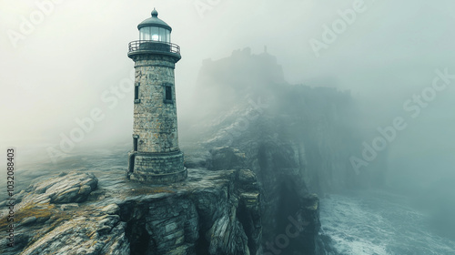 A tall, weathered stone lighthouse standing on the edge of a foggy cliff.