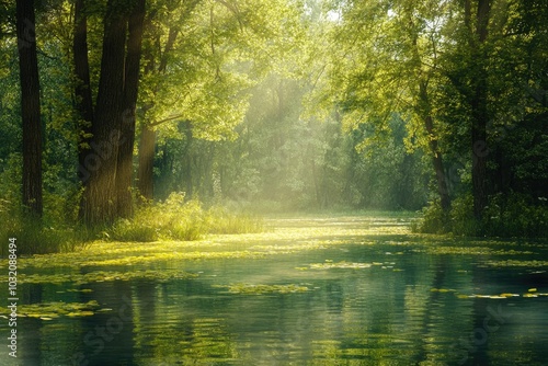 A tranquil forest stream with sunbeams. Perfect for nature, tranquility, and relaxation themes.