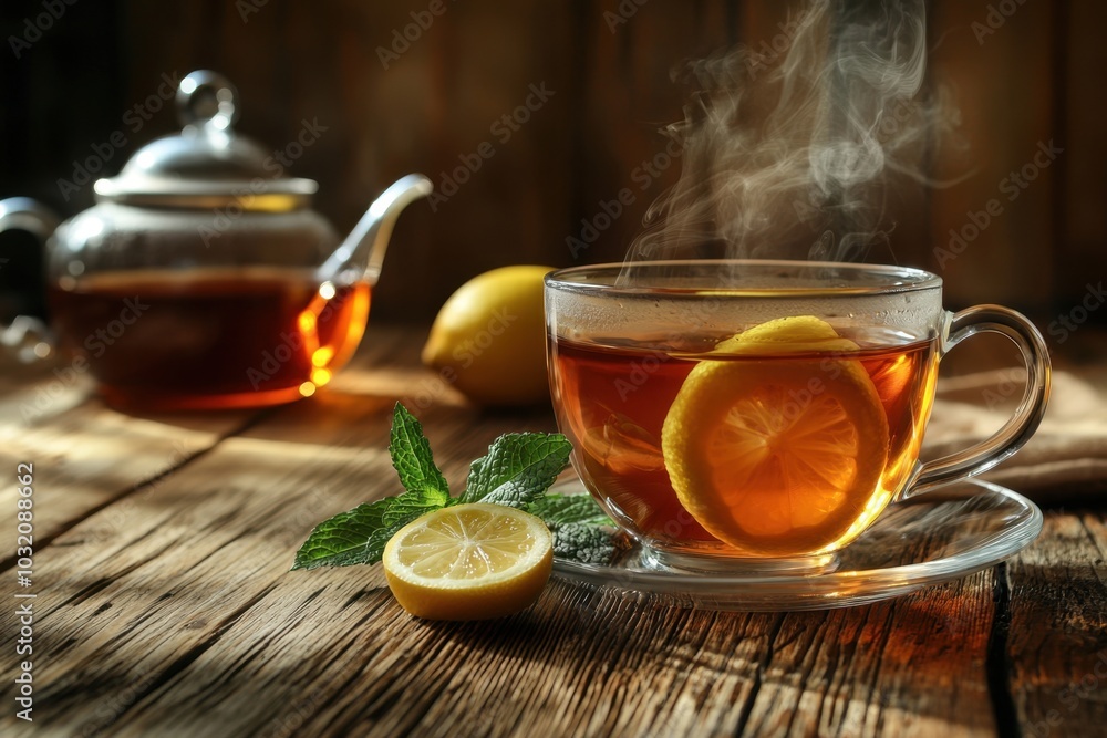 A steaming cup of herbal tea on a wooden table with lemon slices, a sprig of mint, and a teapot in the background. Blank space for text or commercial use, ideal for health or wellness promotions. A steaming cup of herbal tea on a wooden table with lemon slices, a sprig of mint, and a teapot in the background. Blank space for text or commercial use, ideal for health or wellness promotions.