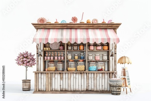 A colorful candy shop with a pink and white striped awning, great for use in food or retail related content photo