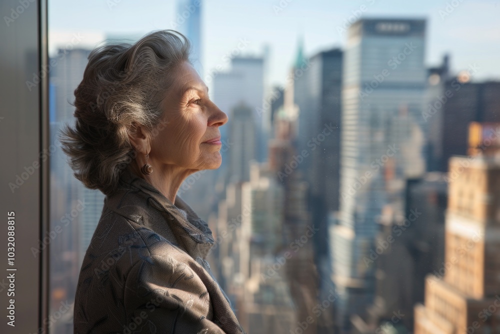 A woman looks out the window at the city below A woman looks out the window at the city below