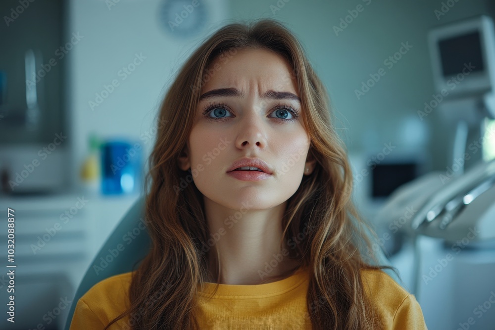 Dentophobia concept. Scared young woman looking at dentist while sitting in chair in dentistry office, Generative AI Dentophobia concept. Scared young woman looking at dentist while sitting in chair in dentistry office, Generative AI