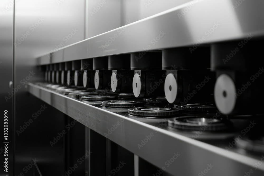A Row of Industrial Machine Components with Circular Elements A Row of Industrial Machine Components with Circular Elements
