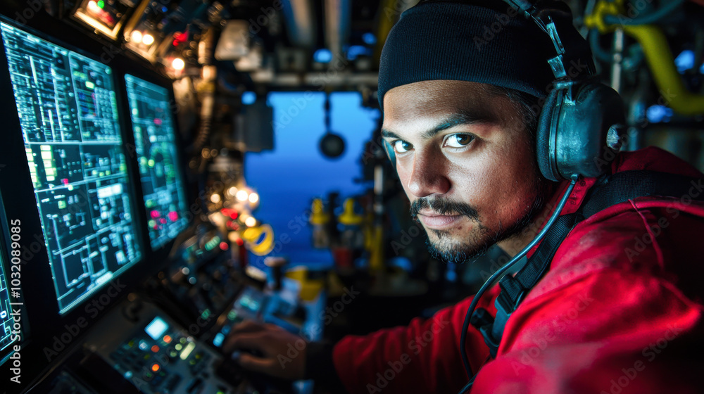 focused operator in control room monitors complex systems, showcasing expertise in high tech environment. atmosphere is intense and professional, highlighting importance of precision in offshore