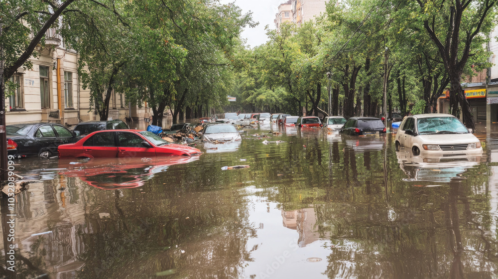 Flood's Devastation: Ruined Street, Submerged Cars, Debris, Seen from High Point Flood's Devastation: Ruined Street, Submerged Cars, Debris, Seen from High Point