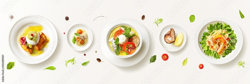 An elegant display of diverse dishes with fresh ingredients, showcasing vibrant colors and gourmet presentation on a white background. An elegant display of diverse dishes with fresh ingredients, showcasing vibrant colors and gourmet presentation on a white background.