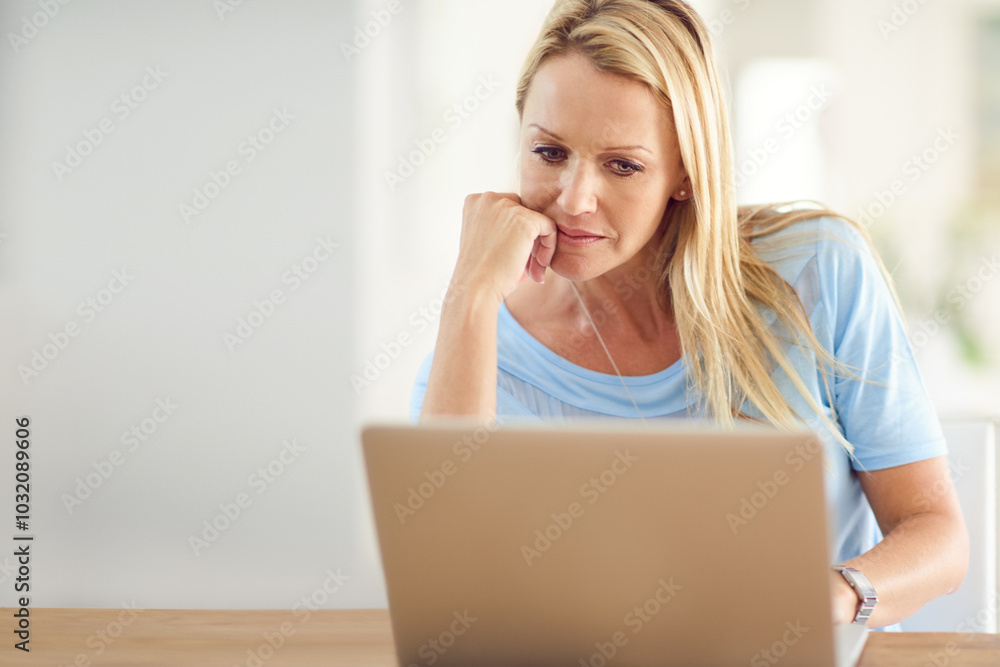 Planning, remote work and mature woman with laptop for research, information or proofreading at home. Freelancer, female editor or thinking with digital for article, solution or story for publication Planning, remote work and mature woman with laptop for research, information or proofreading at home. Freelancer, female editor or thinking with digital for article, solution or story for publication