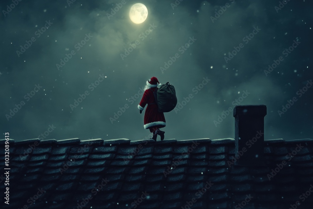 Fototapeta premium Santa walking on roof at night with glowing moon