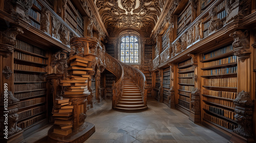 The grand interior of an old Gothic library, with towering shelves filled with ancient books.