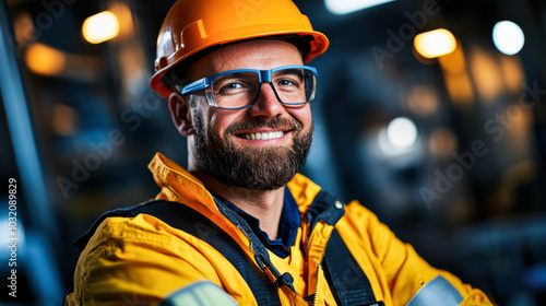 Wallpaper Mural technician wearing safety helmet and glasses smiles confidently in vibrant work environment. His bright yellow jacket reflects commitment to safety and professionalism Torontodigital.ca