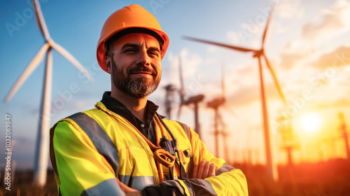 confident technician stands in front of wind turbines during sunset, showcasing importance of renewable energy. His safety gear highlights commitment to safety in industry