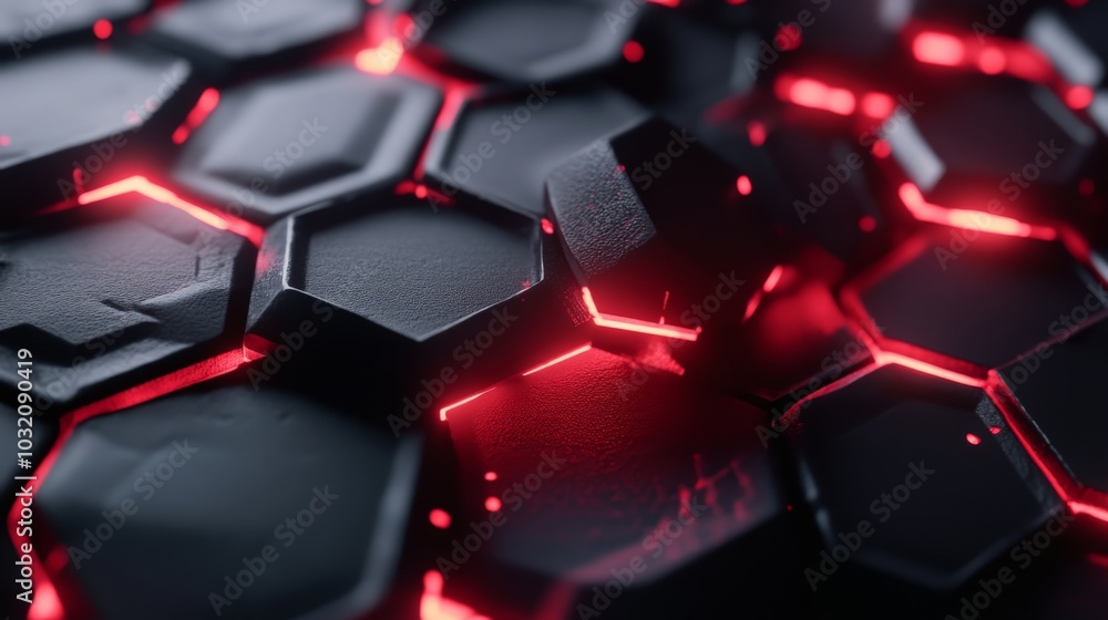 Futuristic Hexagonal Shapes with Glowing Red Lights Futuristic Hexagonal Shapes with Glowing Red Lights