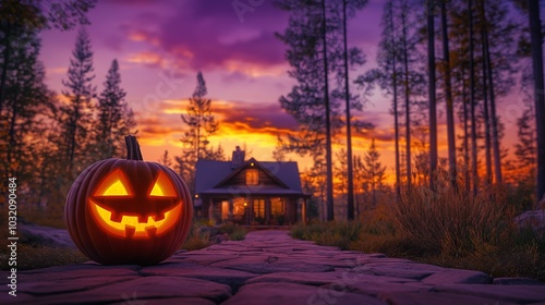 Wallpaper Mural A carved pumpkin with a glowing, happy face sits on a stone pathway leading to a cozy cottage surrounded by tall trees. The sky is a blend of purple and orange hues. Torontodigital.ca