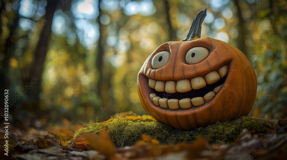 A pumpkin with a ridiculously over-the-top smile, complete with huge, uneven teeth and squinty eyes, rests on a bed of moss in the forest. Its goofy face stands. A pumpkin with a ridiculously over-the-top smile, complete with huge, uneven teeth and squinty eyes, rests on a bed of moss in the forest. Its goofy face stands.