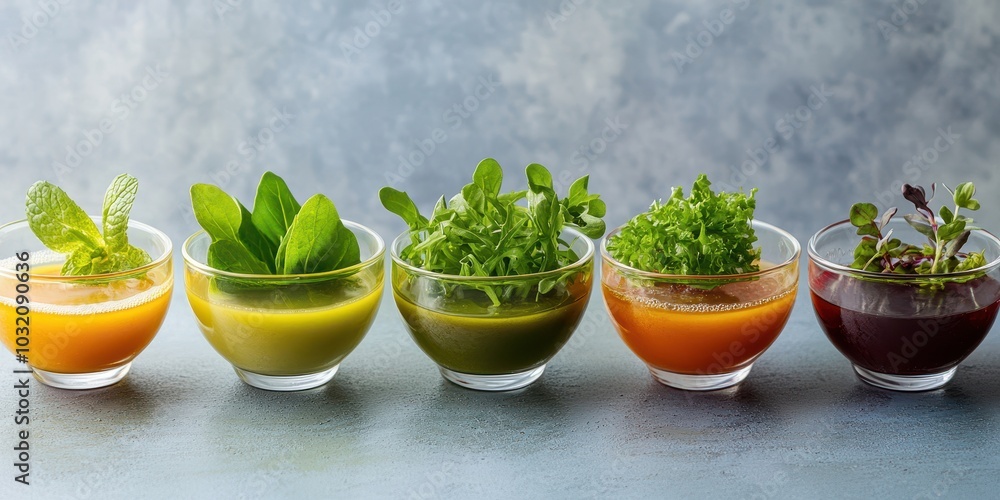 Colorful bowls of fresh juices and herbs ideal for healthy recipes, detox diets, and vibrant culinary presentations. Colorful bowls of fresh juices and herbs ideal for healthy recipes, detox diets, and vibrant culinary presentations.