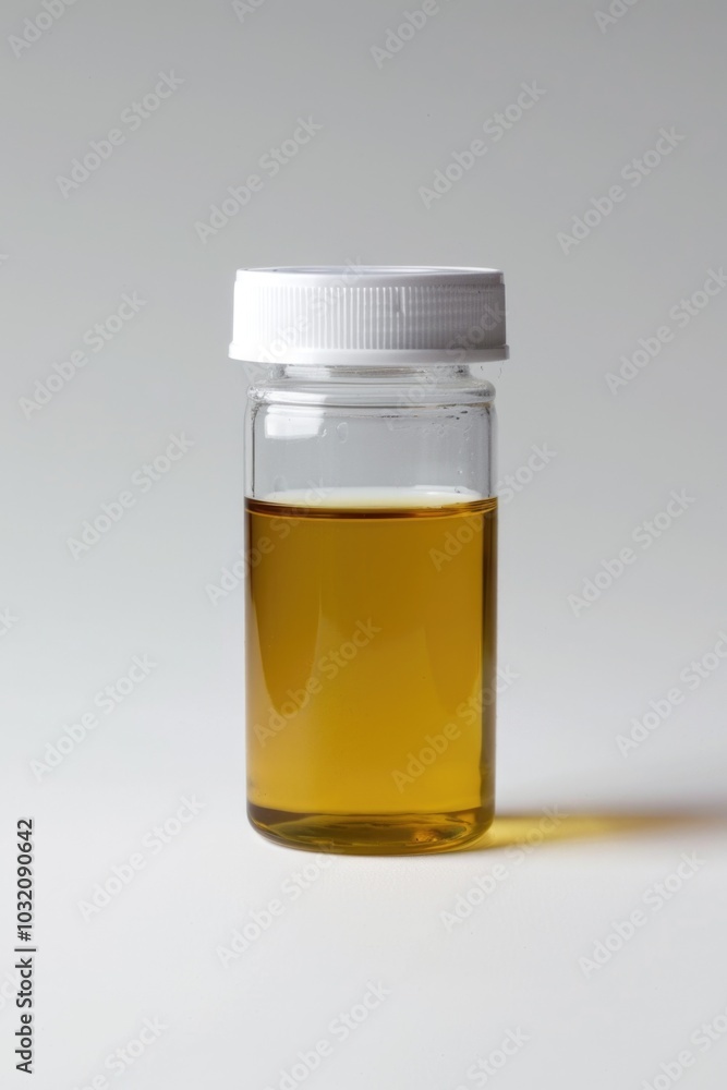 A clear glass bottle filled with transparent liquid sits on a wooden or metal table A clear glass bottle filled with transparent liquid sits on a wooden or metal table