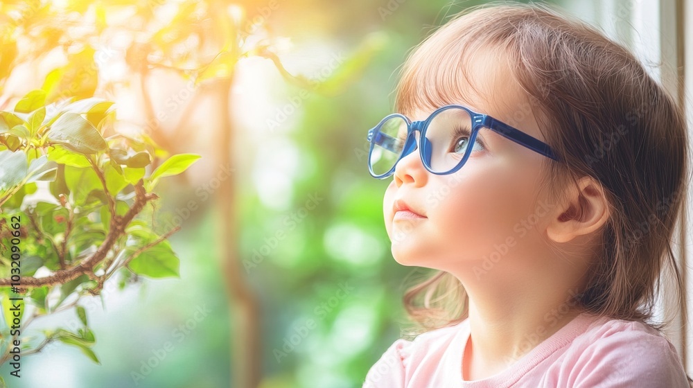 Young child wearing blue glasses focusing on distant tree outside window, symbolizing myopia prevention and importance of outdoor activities. Young child wearing blue glasses focusing on distant tree outside window, symbolizing myopia prevention and importance of outdoor activities.