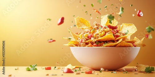 Colorful bowl of nachos with vibrant toppings flying in the air, perfect for food lovers and snack enthusiasts.