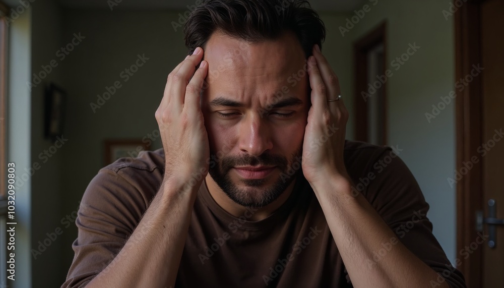 Stressed man holding head in hands with tense expression in indoor environment Stressed man holding head in hands with tense expression in indoor environment