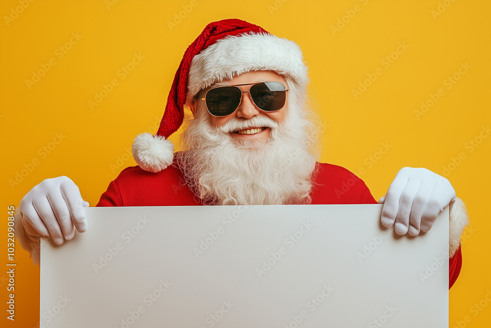 Naklejka premium A smiling Santa wearing sunglasses holding a white sign. The sign is blank, but the image conveys a sense of fun and playfulness