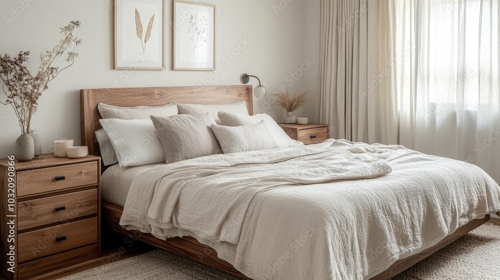 A serene and calming bedroom with a mix of natural materials A serene and calming bedroom with a mix of natural materials