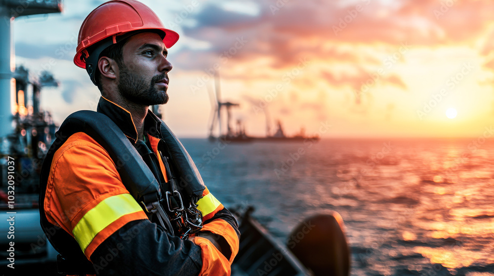 technician in safety gear stands on offshore platform, gazing at sunset over ocean. scene captures moment of reflection and determination in challenging work environment technician in safety gear stands on offshore platform, gazing at sunset over ocean. scene captures moment of reflection and determination in challenging work environment