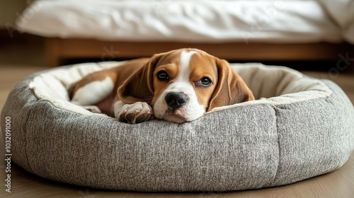 A Beagle puppy resting in a dog bed with its head on its paws.