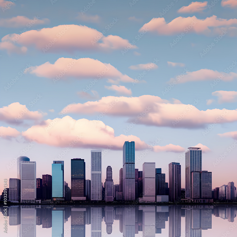 Fototapeta premium Cityscape illustration with skyscrapers clouds in the sky