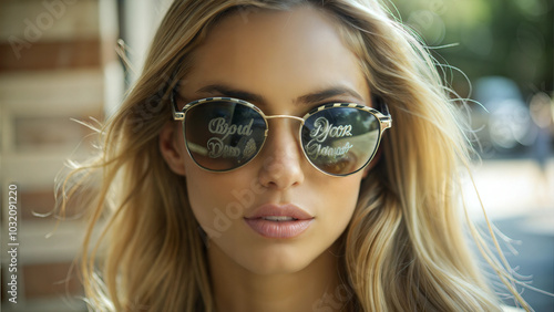 Beautiful woman wearing stylish sunglasses with reflective text in lenses and serene expression outdoors