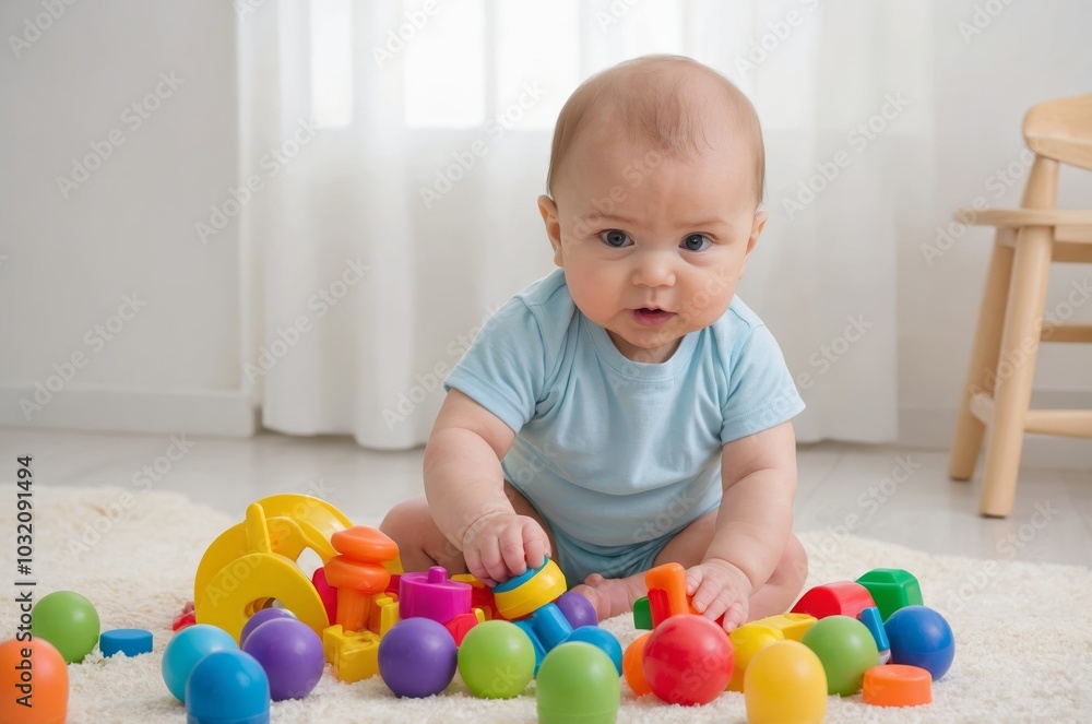 Charming Caucasian baby boy playing with colorful toys on soft rug Charming Caucasian baby boy playing with colorful toys on soft rug