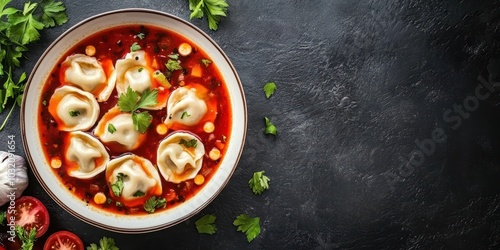 Delicious bowl of dumpling soup with fresh herbs and vegetables, perfect for a cozy meal or culinary inspiration.