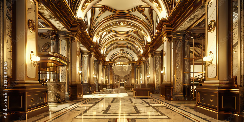 Obraz premium The glamorous art deco details of an old-world European bank, with its gleaming brass fixtures, ornate ceilings, and luxurious marble surfaces.