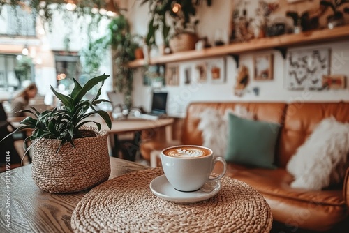 A Cup of Coffee on a Woven Placemat in a Cafe