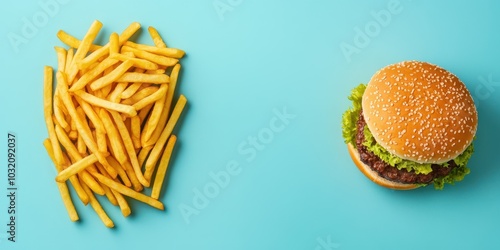 Delicious burger with fresh lettuce and a side of crispy fries on a vibrant blue background, perfect for food lovers.