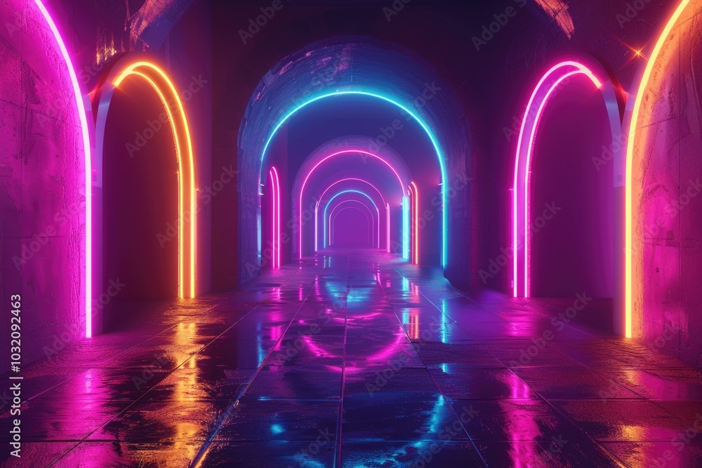 A tunnel with bright neon lights inside A tunnel with bright neon lights inside
