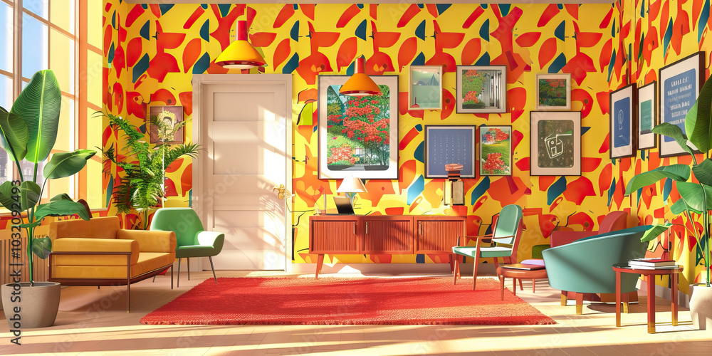 Fototapeta premium A quirky, eclectic bank branch with colorful wallpaper, unique furniture, and artwork, evoking a playful and welcoming atmosphere.