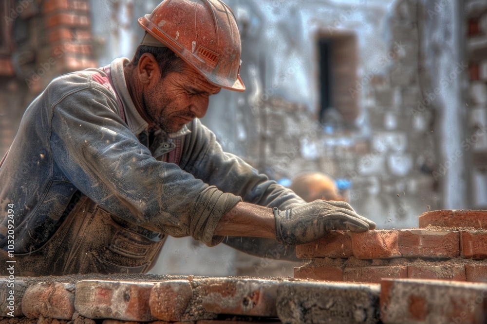 A person constructing a wall using bricks, with a focus on the manual labor and construction process A person constructing a wall using bricks, with a focus on the manual labor and construction process