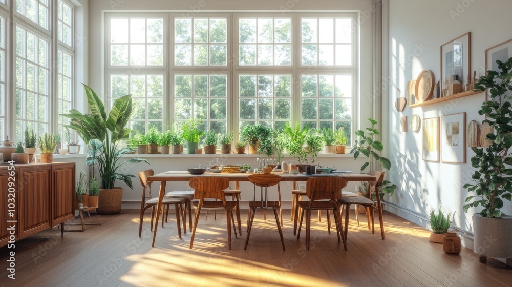 A spacious and bright dining room with a mix of mid-century modern and rustic furniture A spacious and bright dining room with a mix of mid-century modern and rustic furniture