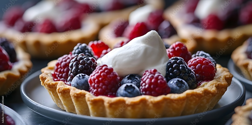 A close-up of delicious berry tarts topped with whipped cream on a plate. A close-up of delicious berry tarts topped with whipped cream on a plate.