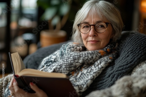 Senior woman in glasses reclines on pillows on sofa, smiling at camera, creating cozy and joyful scene of relaxation and contentment in her comfortable, Generative AI