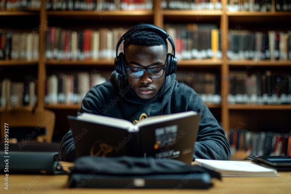 Focused black male student in headphones looks seriously at laptop screen in library, encapsulating dedicated study session with deep concentration, Generative AI Focused black male student in headphones looks seriously at laptop screen in library, encapsulating dedicated study session with deep concentration, Generative AI