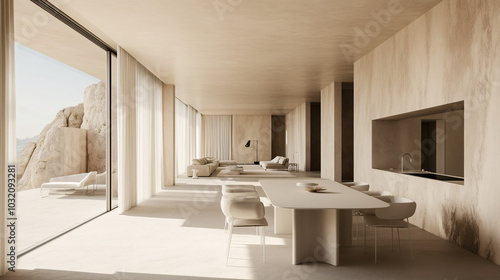 Beige home living room interior with rest and dining zone  window. Mockup wall