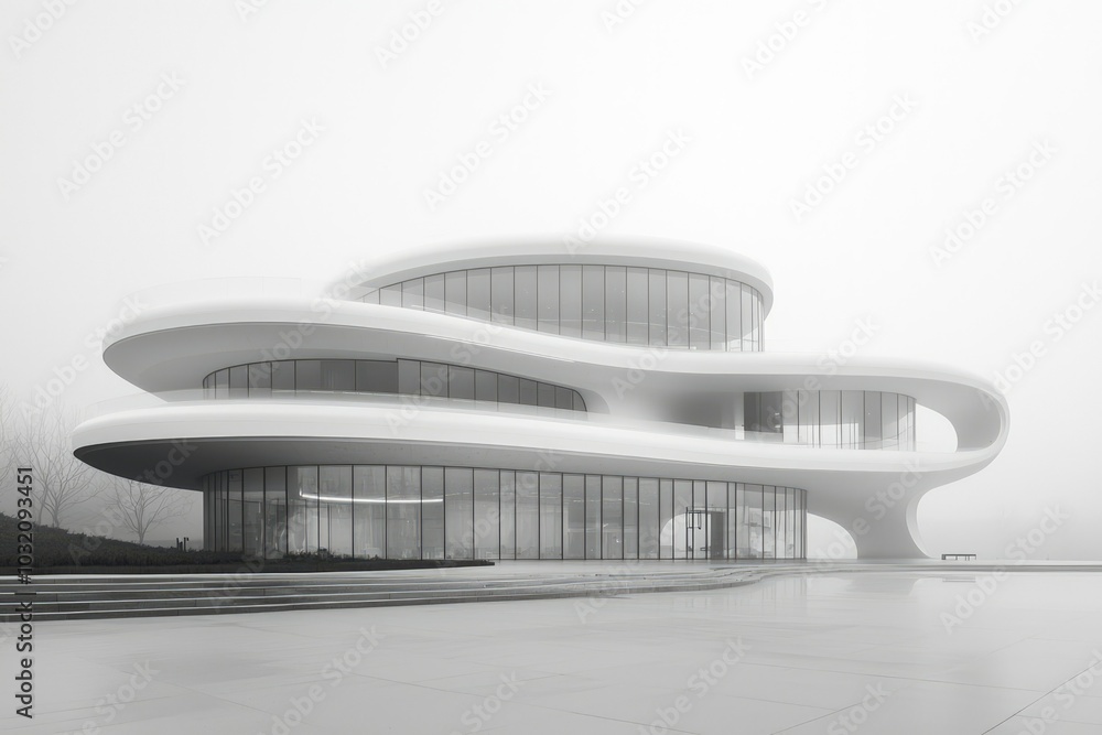 Modern White Building with Curved Facade and Glass Windows Modern White Building with Curved Facade and Glass Windows