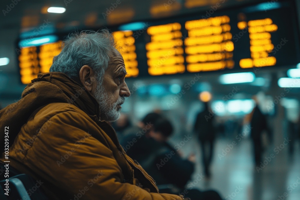 A person sitting alone on a bench in a busy airport waiting area, possibly waiting for a flight A person sitting alone on a bench in a busy airport waiting area, possibly waiting for a flight